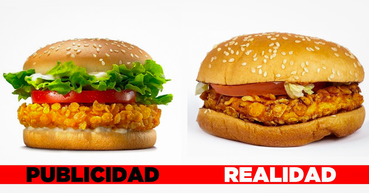 Resultado de imagen para hamburguesa  publicidad realidad y mentira