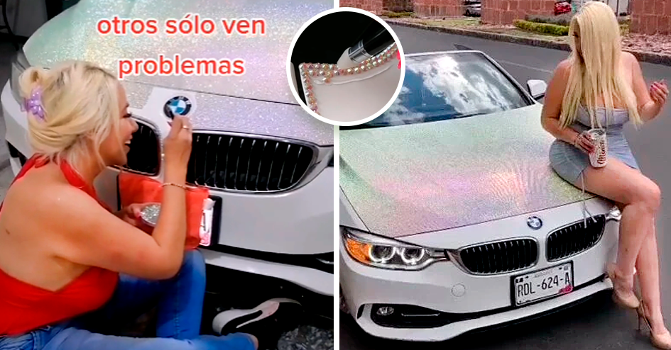 Mujer Tunea Su BMW Con Piedras Brillantes Todo A Mano