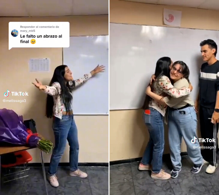 Maestra abraza a sus alumnos